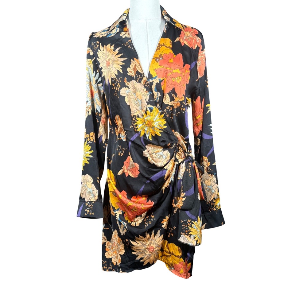 Blush BJ Womens Floral Satin Wrap Mini Dress Black Orange Small